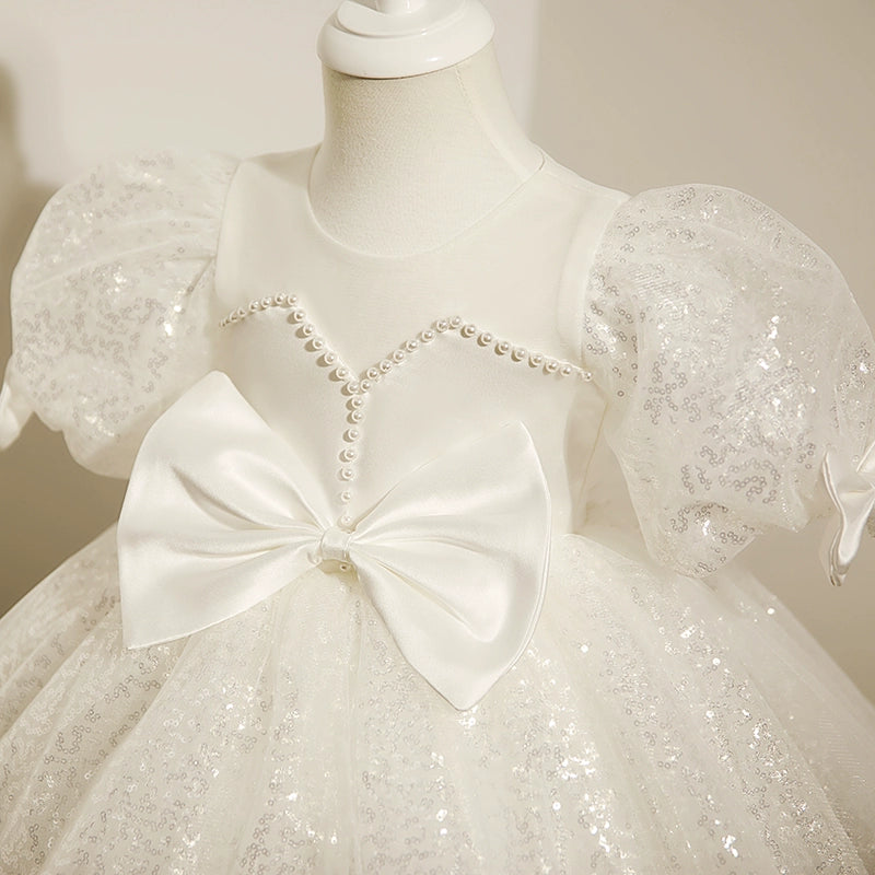 White Puffy Princess Satin Flower Girl Dress with Sequins – Knee Length