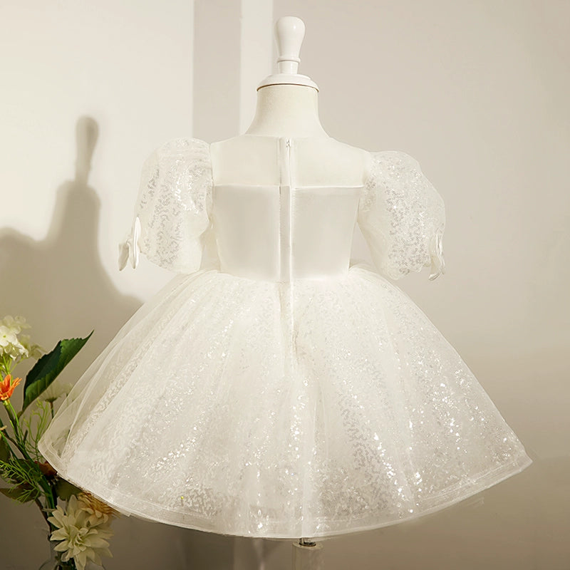 White Puffy Princess Satin Flower Girl Dress with Sequins – Knee Length