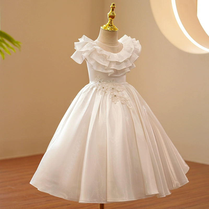 White Princess Satin Flower Girl Maxi Dress – Puffy Ball Gown Style for Parties & Weddings