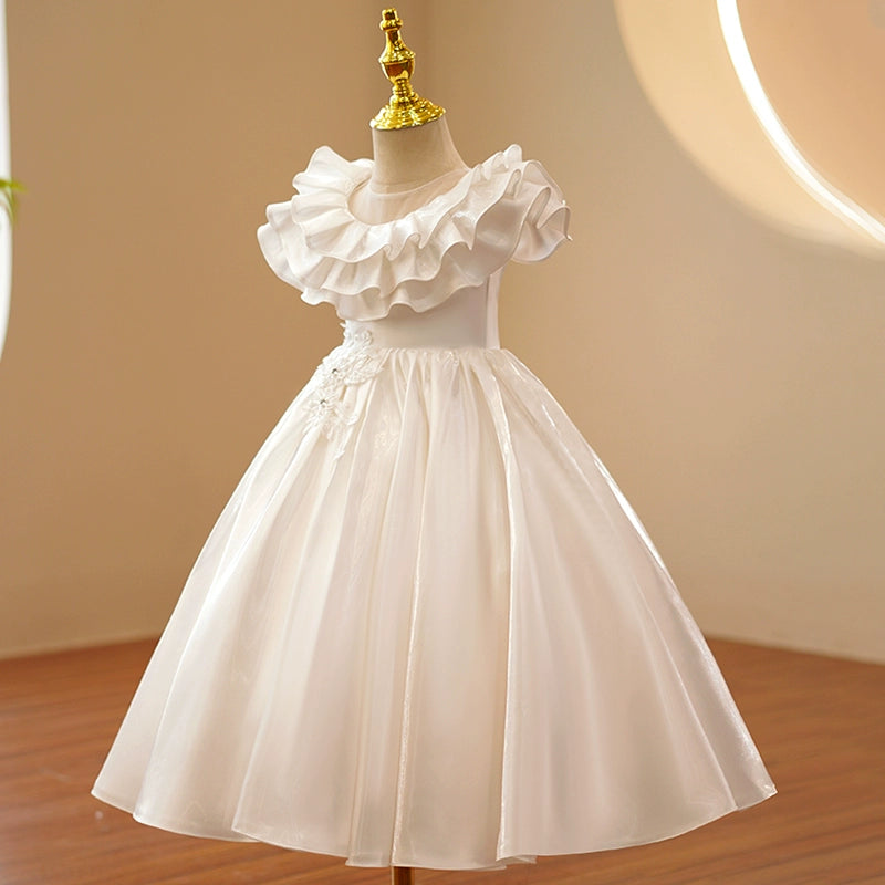 White Princess Satin Flower Girl Maxi Dress – Puffy Ball Gown Style for Parties & Weddings