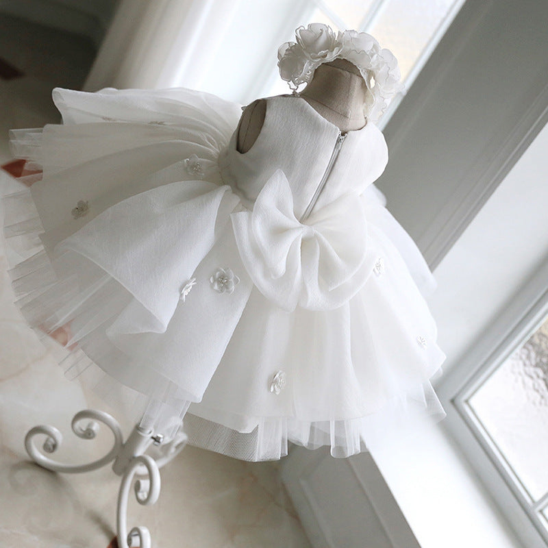 White Puffy Tulle Flower Girl Dress with Fabric Flowers – Toddler to Preteen
