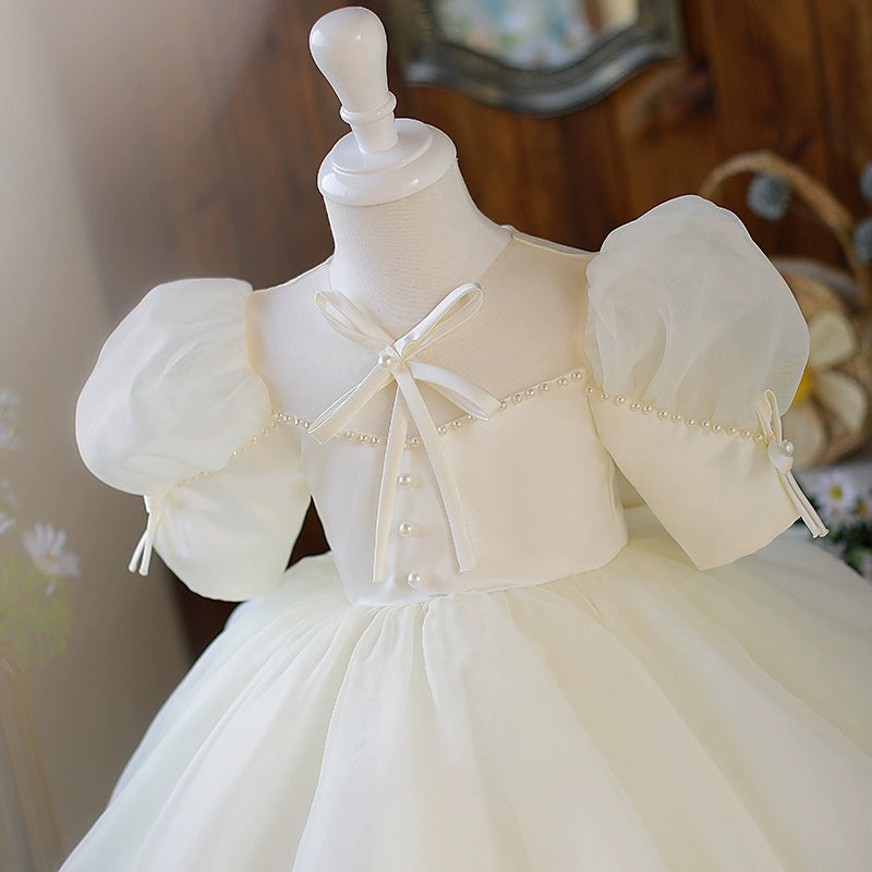 White Puffy Princess Ball Gown Flower Girl Dress | Satin & Organza