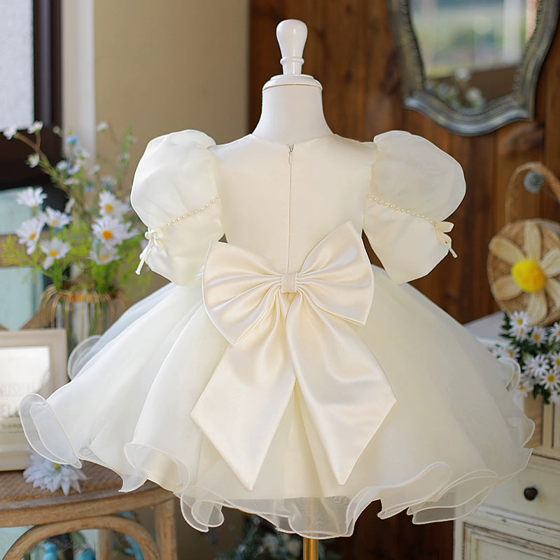 White Puffy Princess Ball Gown Flower Girl Dress | Satin & Organza