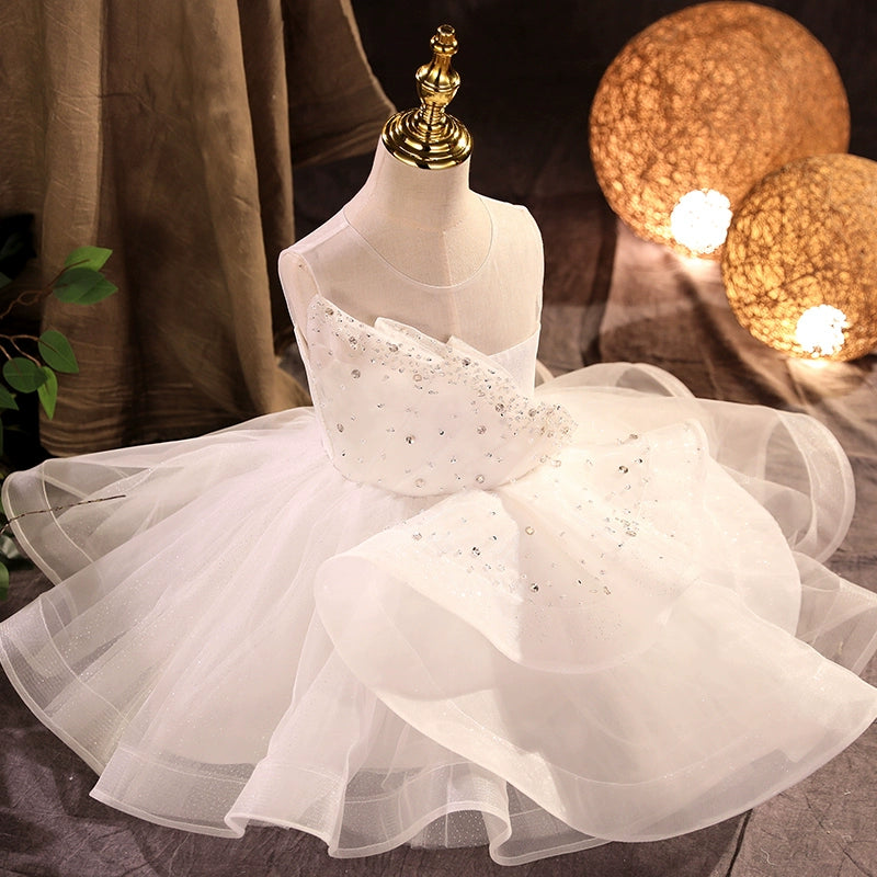 White Puffy Tea Length Illusion Neckline Flower Girl Dress - White / 7-8 Years (140cm) White Puffy Tea Length Illusion Neckline Flower Girl Dress - White / 7-8 Years (140cm)