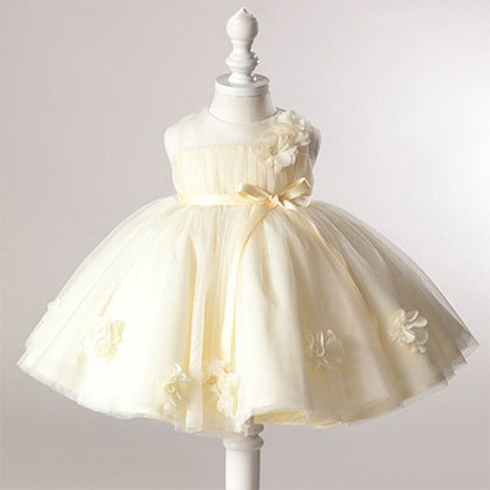 Yellow Sleeveless A-Line Tulle Dress with Flower Embellishments - Yellow / 3-4 Years (110cm)