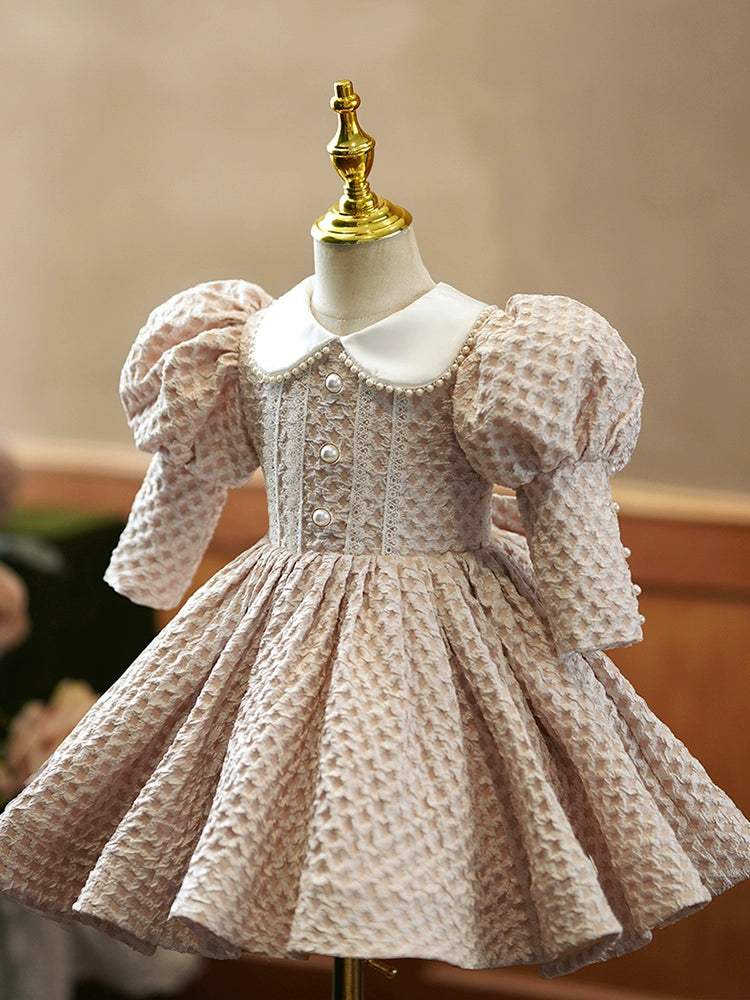 Princess Champagne Satin Back Zip Baptism Lace Tea Length 3/4 Sleeve Puff Sleeve Collared Neck Flower Girl Dress