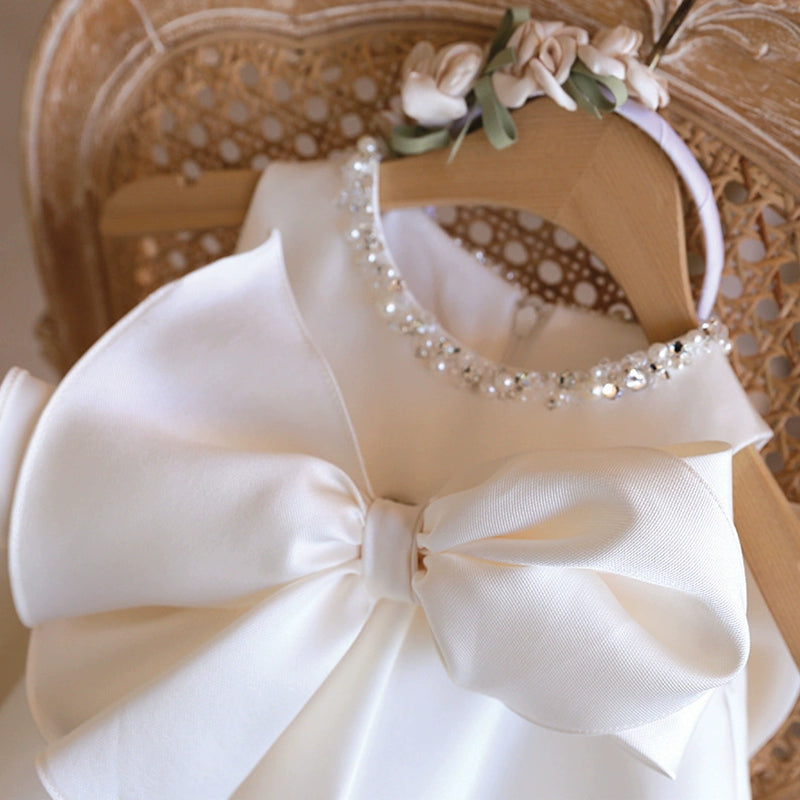 A-line White Satin Back Zip Baptism Bow(s) Tea Length Sleeveless Round Flower Girl Dress
