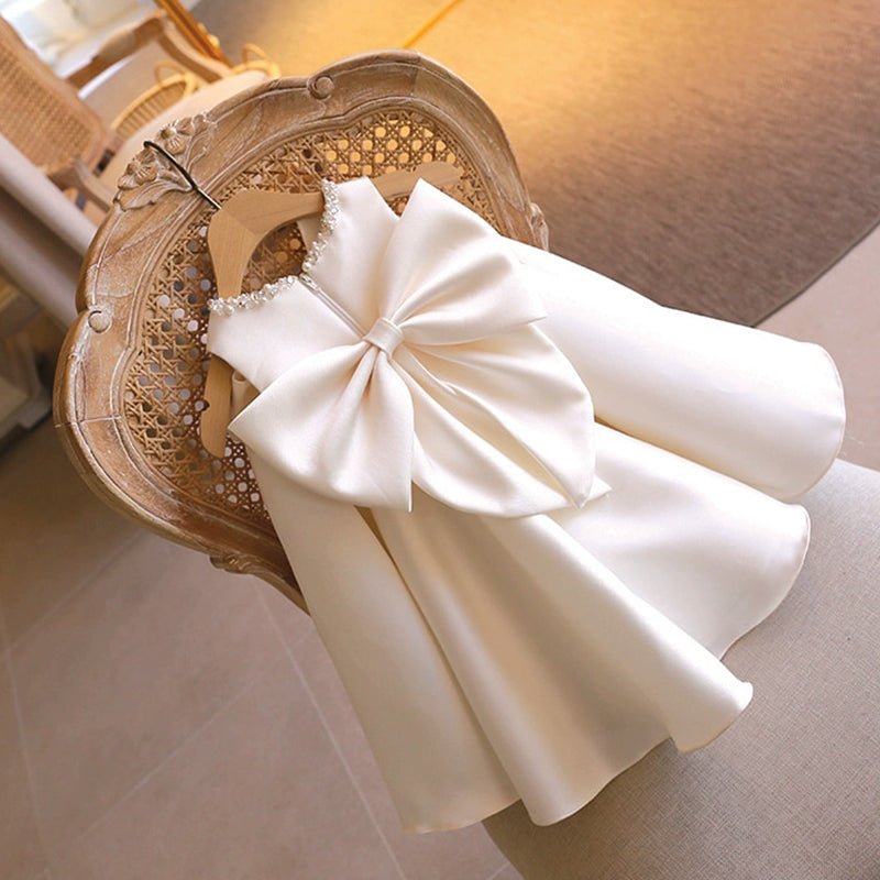 A-line White Satin Back Zip Baptism Bow(s) Tea Length Sleeveless Round Flower Girl Dress