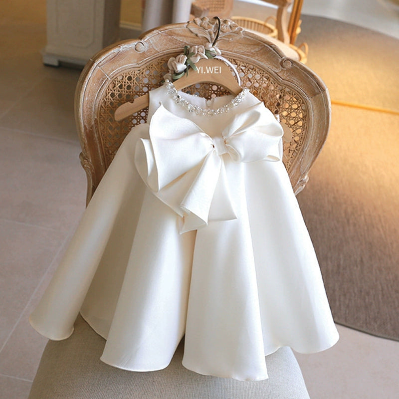 A-line White Satin Back Zip Baptism Bow(s) Tea Length Sleeveless Round Flower Girl Dress