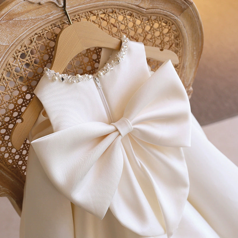 A-line White Satin Back Zip Baptism Bow(s) Tea Length Sleeveless Round Flower Girl Dress