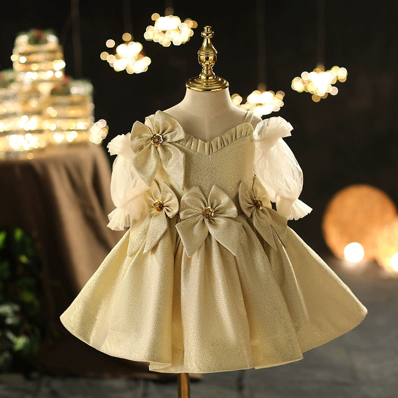 Champagne Satin Back Zip Baptism Bow(s) Tea Length Short Sleeve Cold Shoulder Sleeve V-Neck Flower Girl Dress