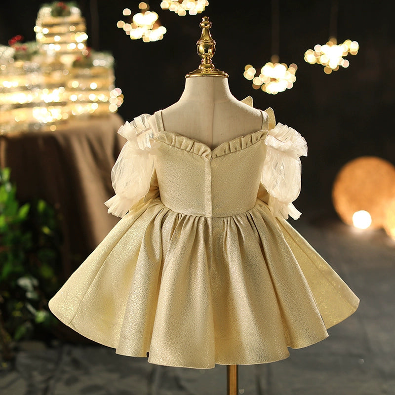 Champagne Satin Back Zip Baptism Bow(s) Tea Length Short Sleeve Cold Shoulder Sleeve V-Neck Flower Girl Dress