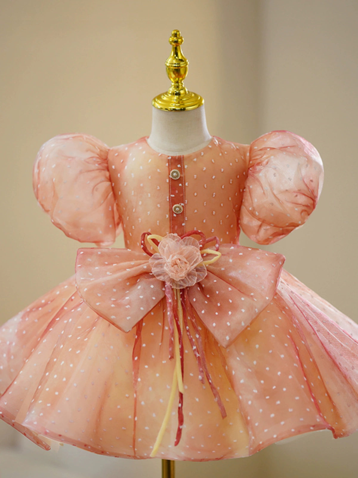 Dusty Rose Organza Back Zip Baptism Bow(s) Tea Length Short Sleeve Puff Sleeve Round Flower Girl Dress