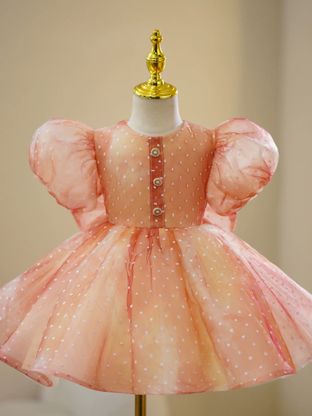 Dusty Rose Organza Back Zip Baptism Bow(s) Tea Length Short Sleeve Puff Sleeve Round Flower Girl Dress