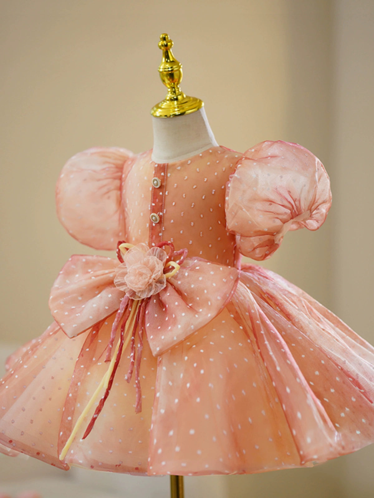 Dusty Rose Organza Back Zip Baptism Bow(s) Tea Length Short Sleeve Puff Sleeve Round Flower Girl Dress