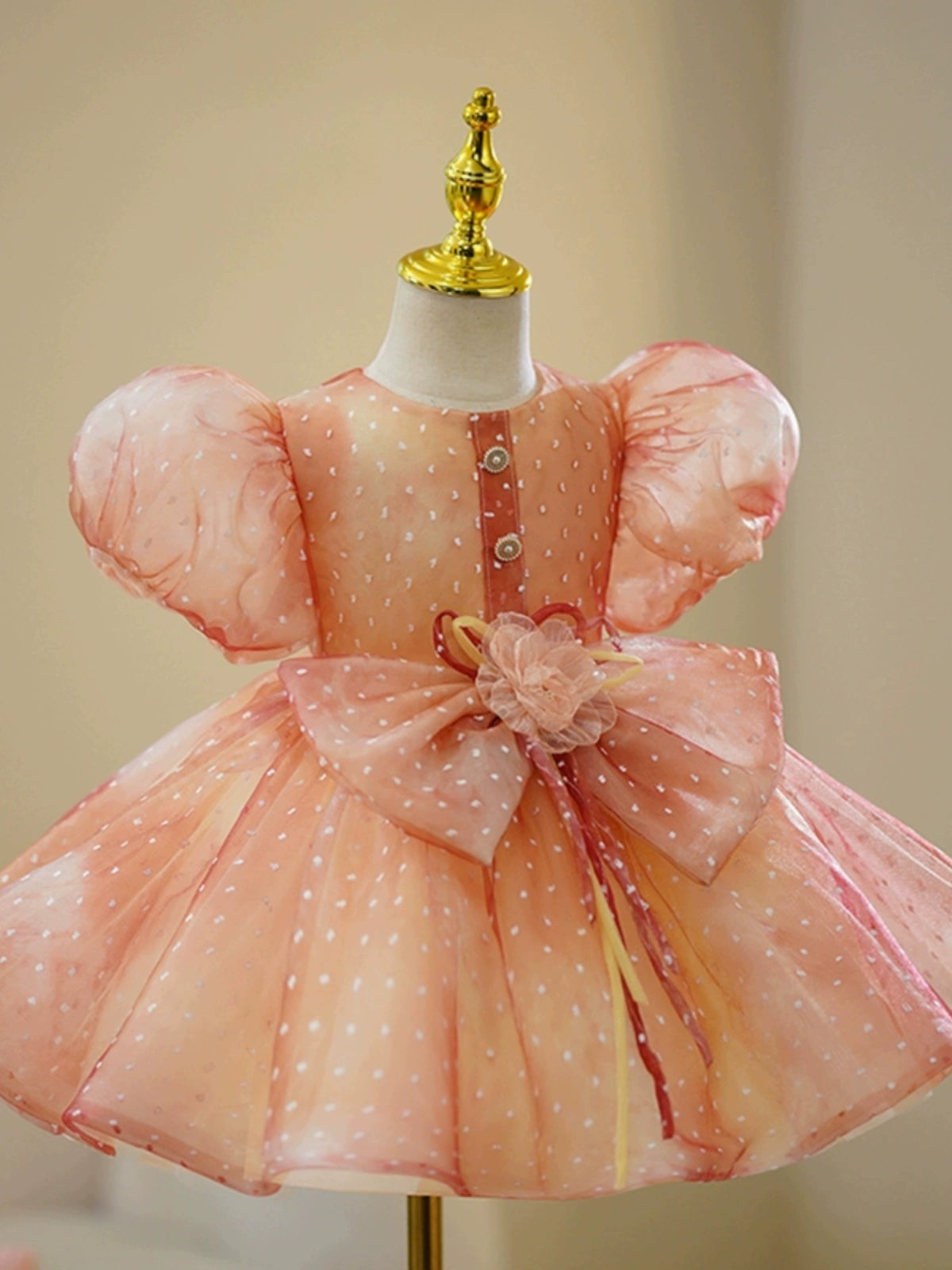 Dusty Rose Organza Back Zip Baptism Bow(s) Tea Length Short Sleeve Puff Sleeve Round Flower Girl Dress