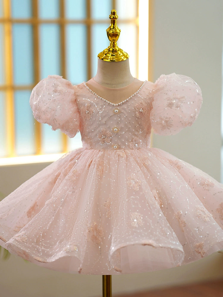 Pink Sequined Back Zip Baptism Sequins Tea Length Short Sleeve Puff Sleeve V-Neck Flower Girl Dress