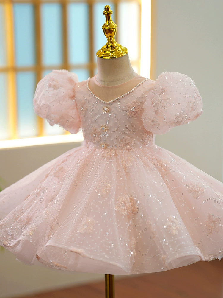 Pink Sequined Back Zip Baptism Sequins Tea Length Short Sleeve Puff Sleeve V-Neck Flower Girl Dress