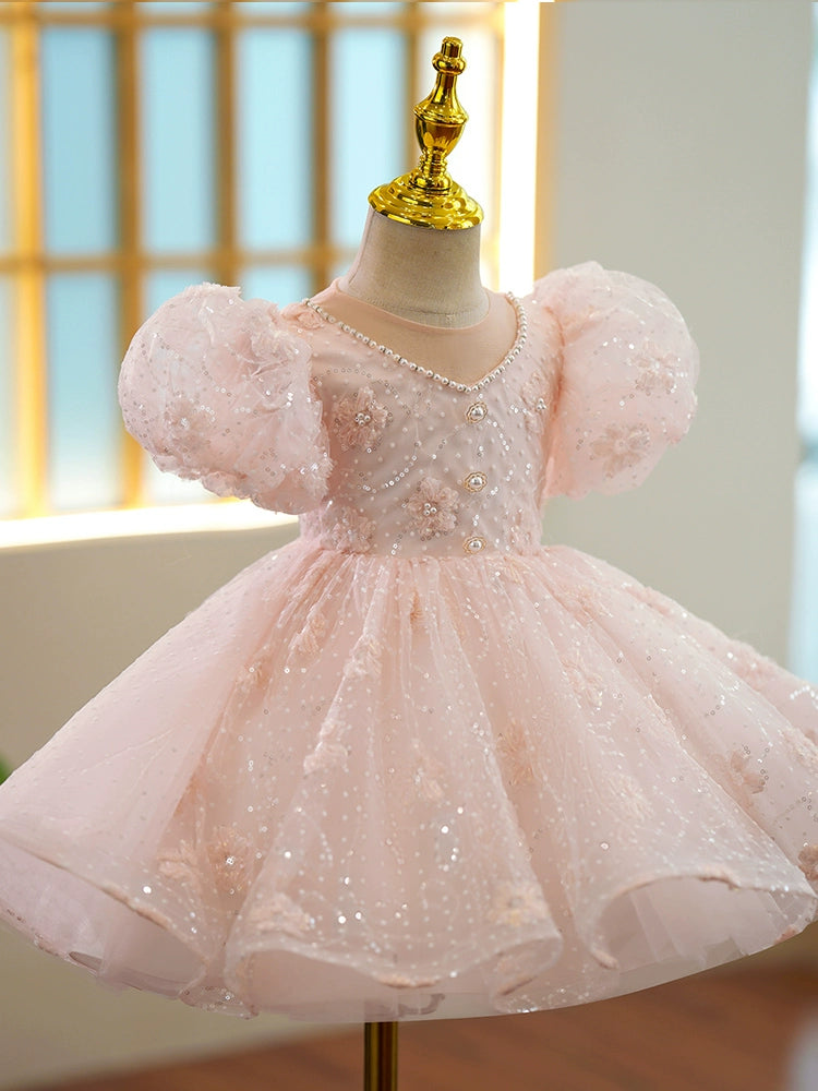 Pink Sequined Back Zip Baptism Sequins Tea Length Short Sleeve Puff Sleeve V-Neck Flower Girl Dress