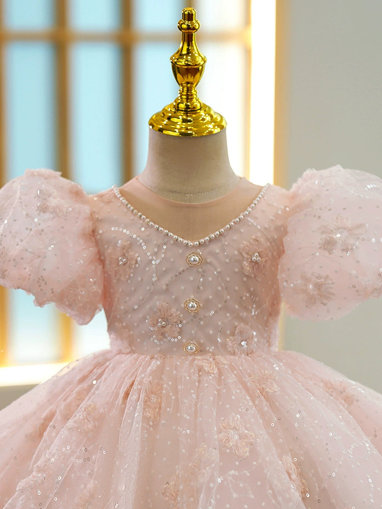 Pink Sequined Back Zip Baptism Sequins Tea Length Short Sleeve Puff Sleeve V-Neck Flower Girl Dress