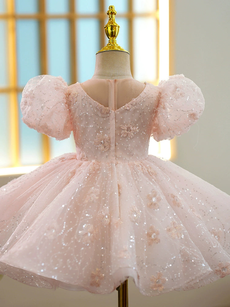 Pink Sequined Back Zip Baptism Sequins Tea Length Short Sleeve Puff Sleeve V-Neck Flower Girl Dress