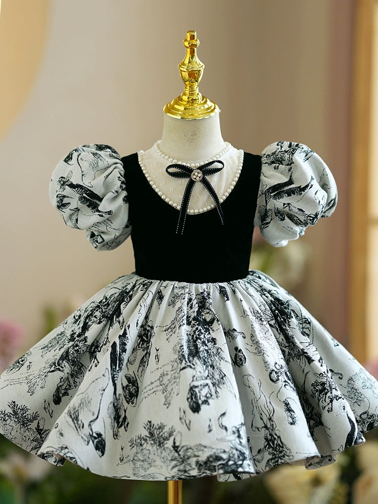 Princess Black Satin Back Zip Baptism Beaded Tea Length Short Sleeve Puff Sleeve Jewel Neck Flower Girl Dress