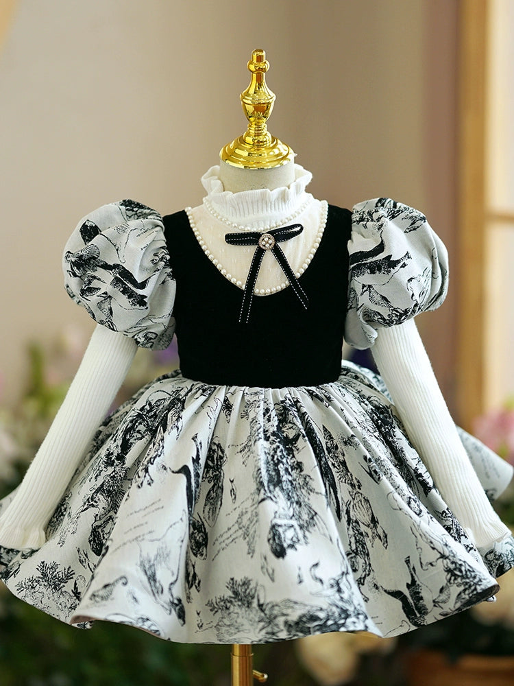 Princess Black Satin Back Zip Baptism Beaded Tea Length Short Sleeve Puff Sleeve Jewel Neck Flower Girl Dress