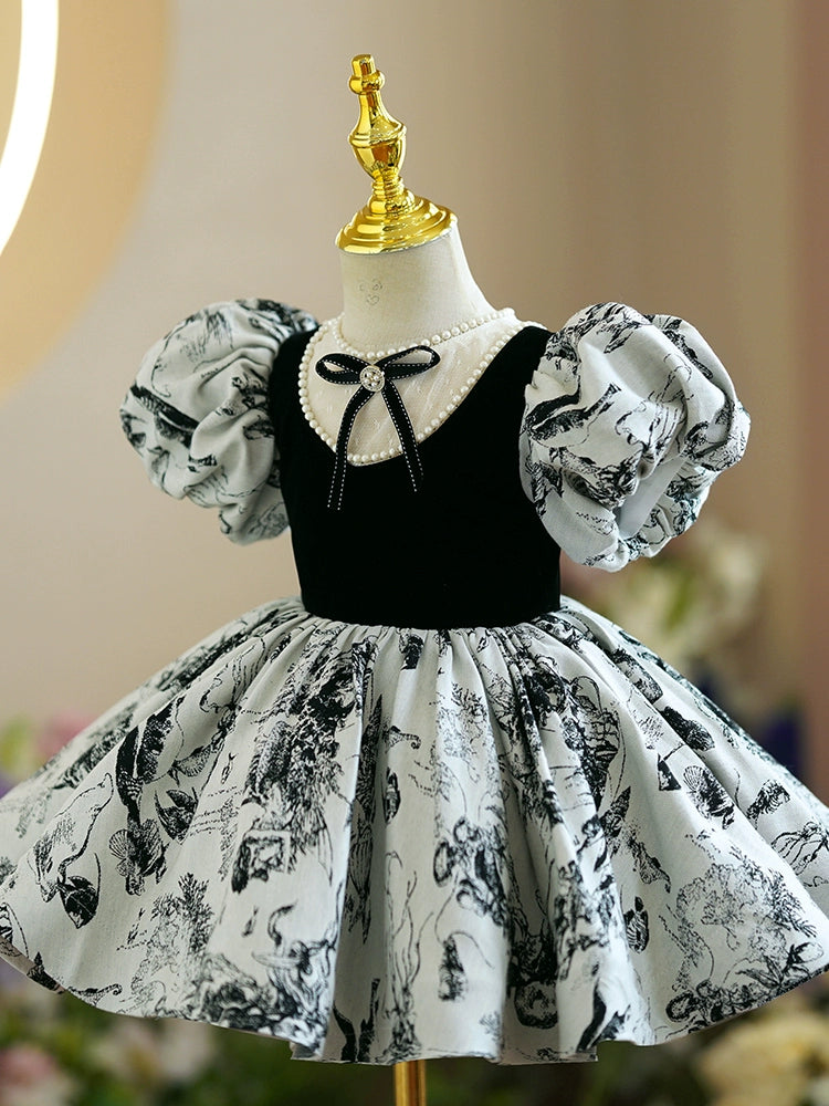 Princess Black Satin Back Zip Baptism Beaded Tea Length Short Sleeve Puff Sleeve Jewel Neck Flower Girl Dress