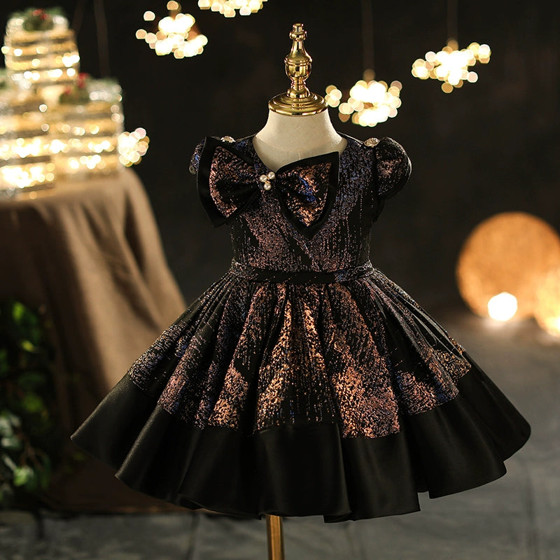 Princess Black Satin Back Zip Baptism Bow(s) Short Sleeve Cap Sleeve Scoop Flower Girl Dress