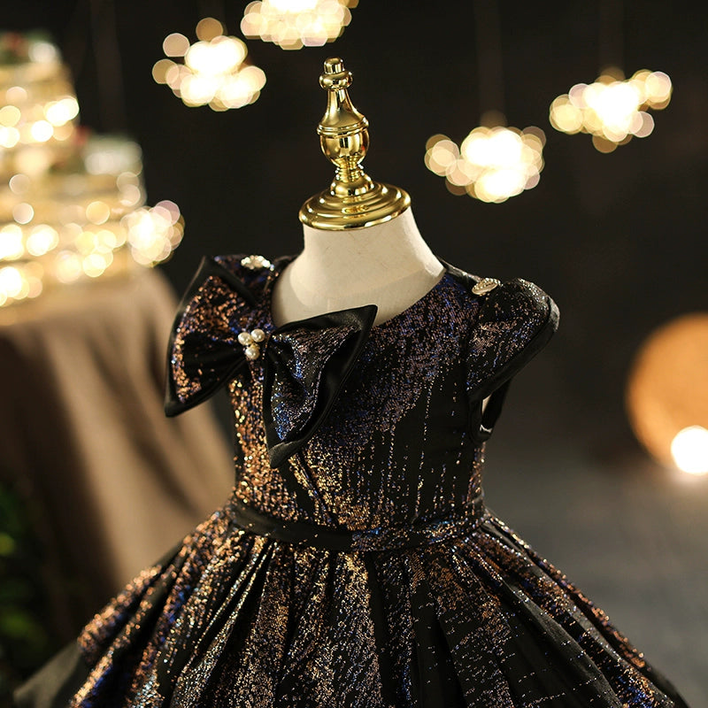 Princess Black Satin Back Zip Baptism Bow(s) Short Sleeve Cap Sleeve Scoop Flower Girl Dress