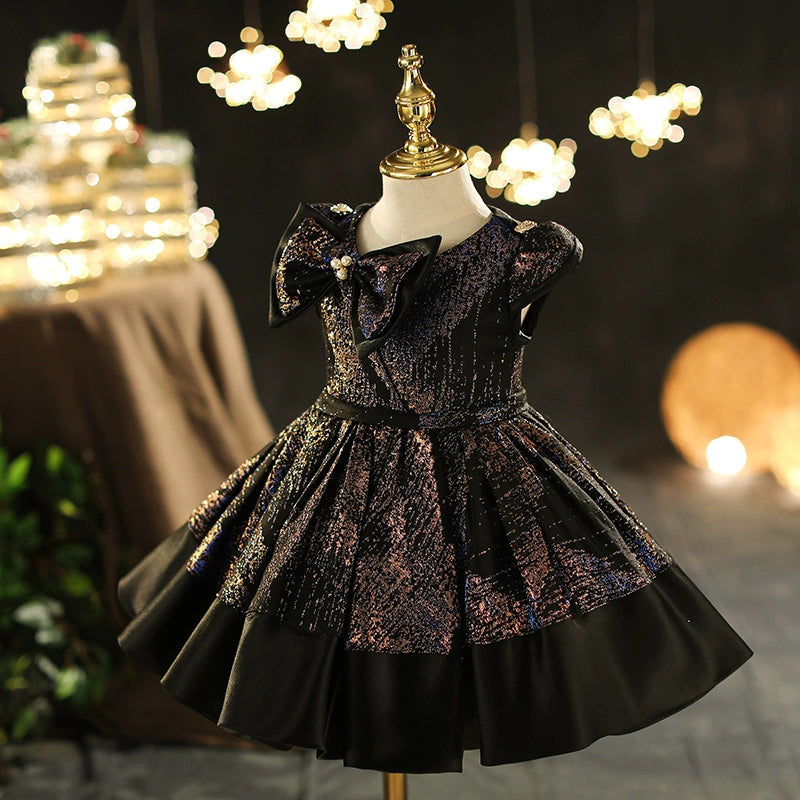 Princess Black Satin Back Zip Baptism Bow(s) Short Sleeve Cap Sleeve Scoop Flower Girl Dress