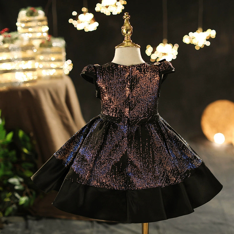 Princess Black Satin Back Zip Baptism Bow(s) Short Sleeve Cap Sleeve Scoop Flower Girl Dress