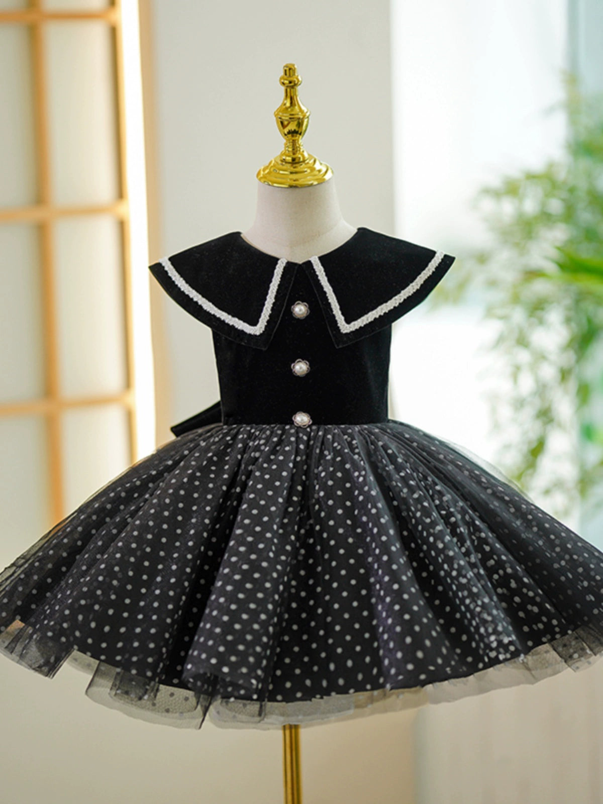 Princess Black Velvet Back Zip Baptism Tea Length Sleeveless Cap Sleeve Collared Neck Flower Girl Dress