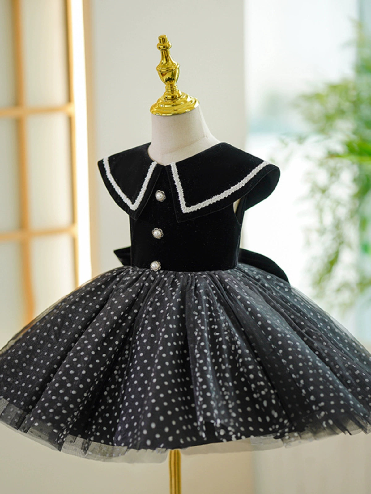 Princess Black Velvet Back Zip Baptism Tea Length Sleeveless Cap Sleeve Collared Neck Flower Girl Dress