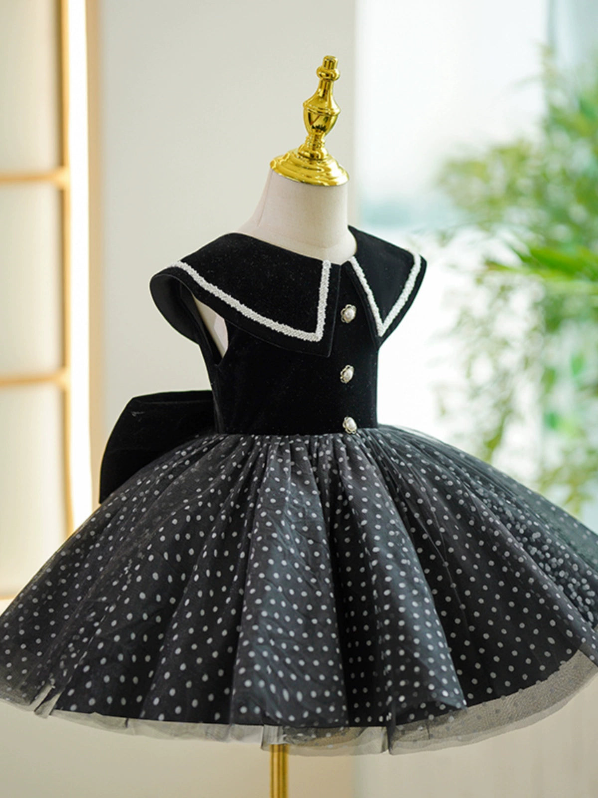 Princess Black Velvet Back Zip Baptism Tea Length Sleeveless Cap Sleeve Collared Neck Flower Girl Dress