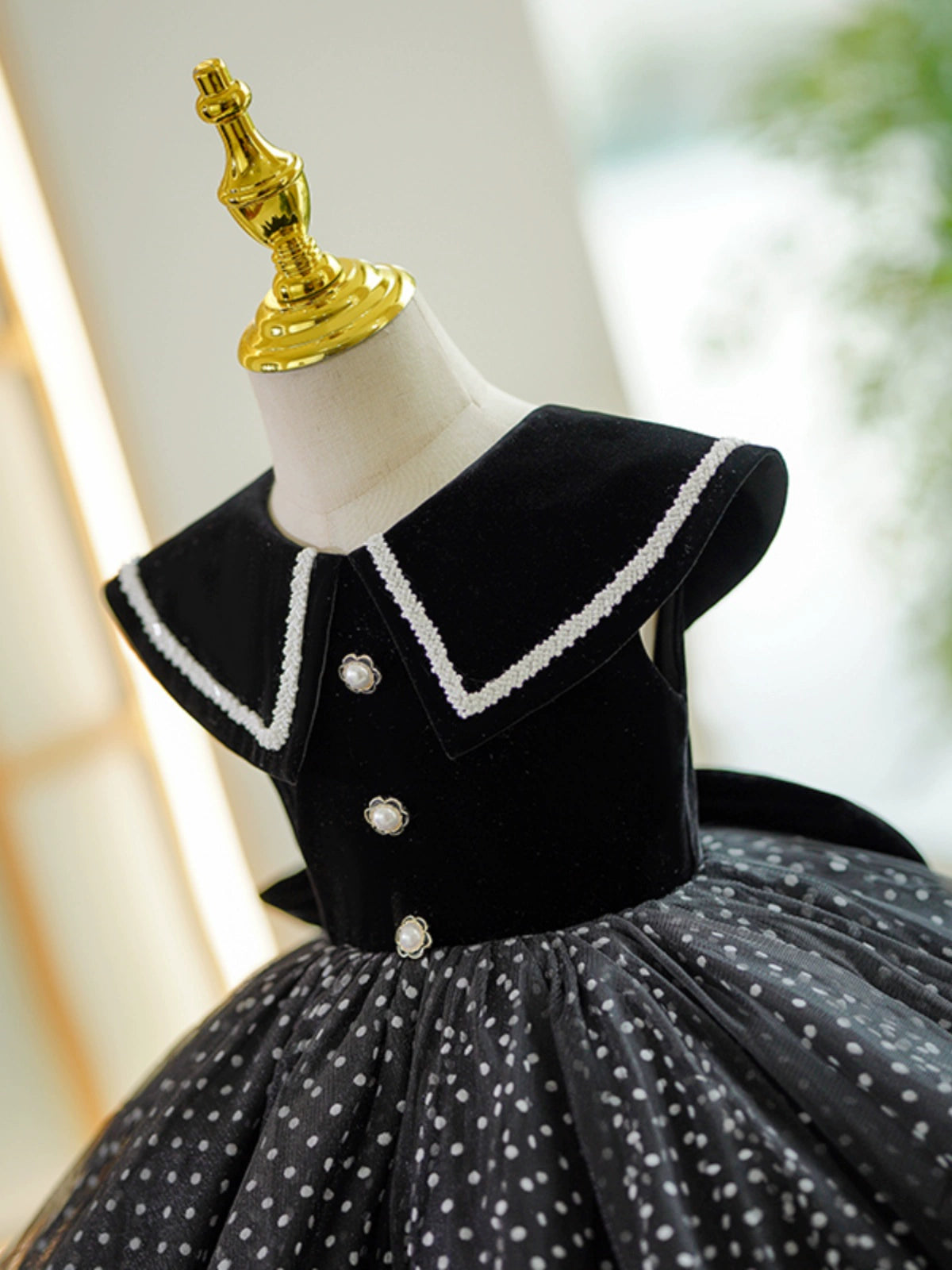 Princess Black Velvet Back Zip Baptism Tea Length Sleeveless Cap Sleeve Collared Neck Flower Girl Dress