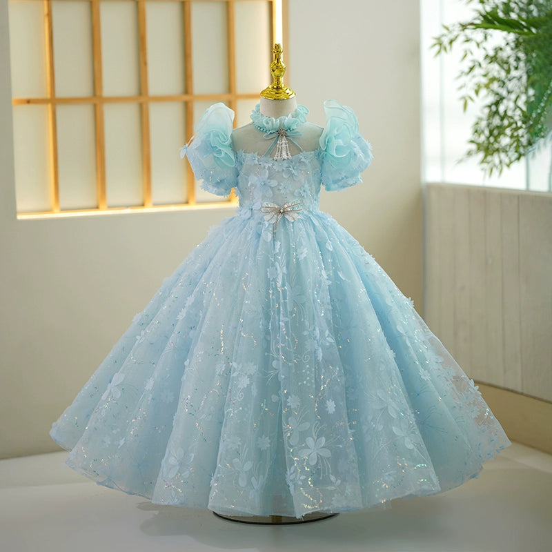 Princess Blue Lace Back Zip Baptism Lace Floor Length Short Sleeve Puff Sleeve Mock Neck Flower Girl Dress