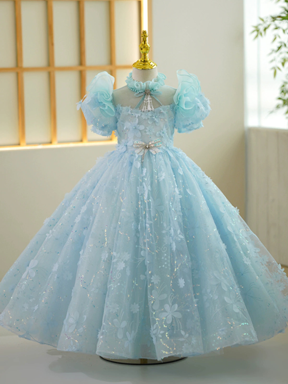 Princess Blue Lace Back Zip Baptism Lace Floor Length Short Sleeve Puff Sleeve Mock Neck Flower Girl Dress