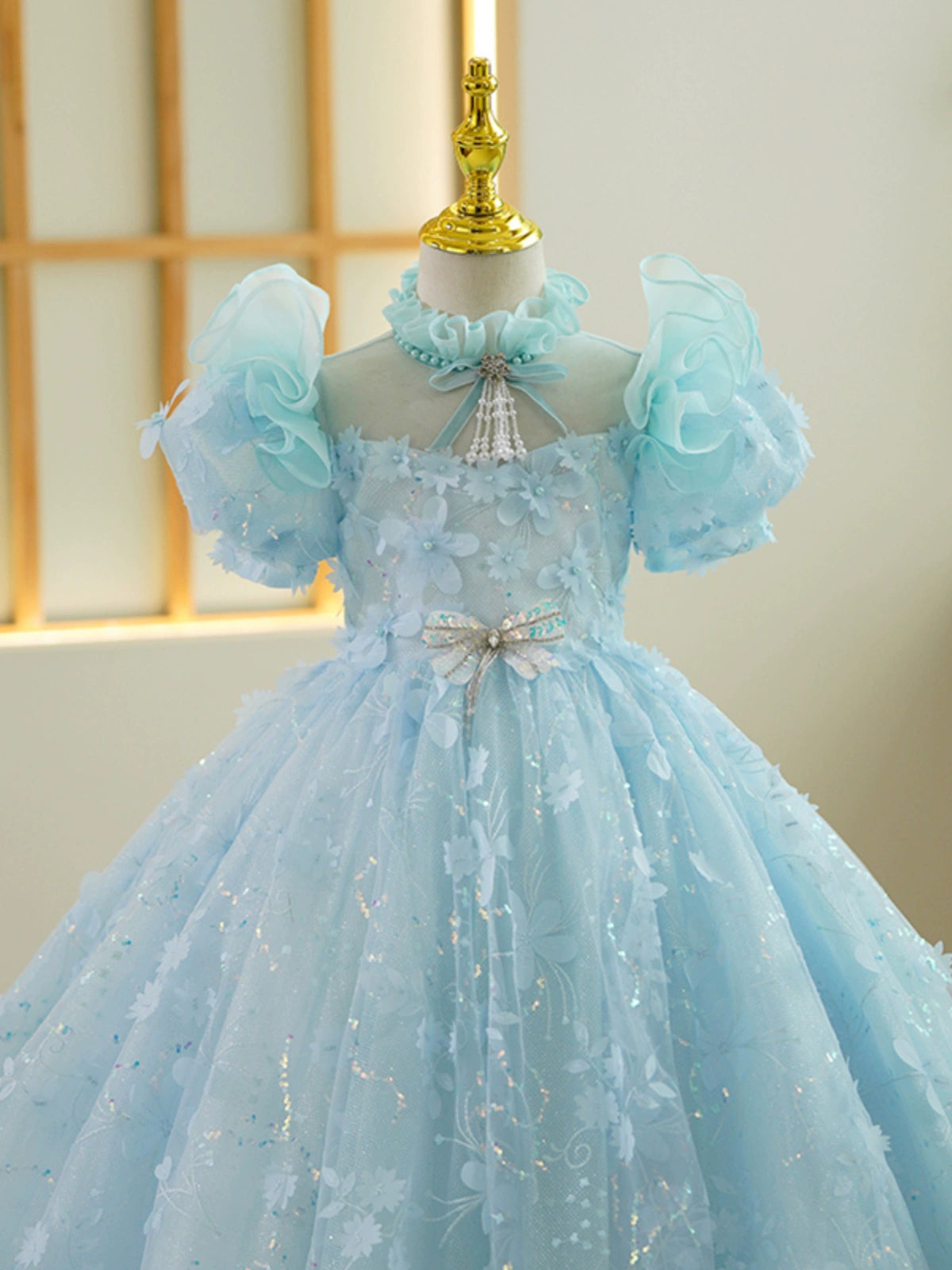 Princess Blue Lace Back Zip Baptism Lace Floor Length Short Sleeve Puff Sleeve Mock Neck Flower Girl Dress