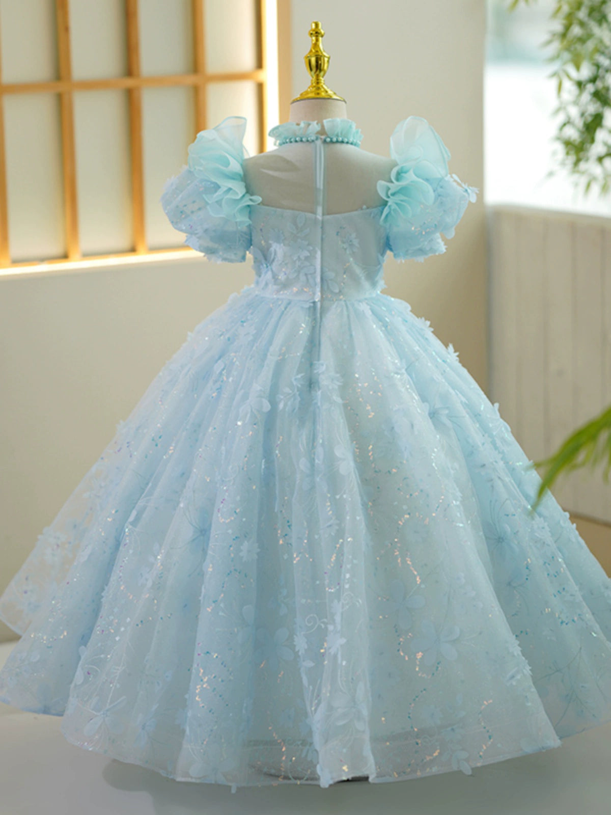 Princess Blue Lace Back Zip Baptism Lace Floor Length Short Sleeve Puff Sleeve Mock Neck Flower Girl Dress