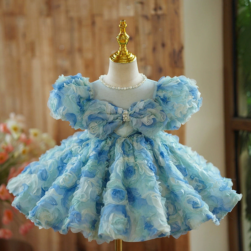 Princess Blue Lace Back Zip Baptism Lace Tea Length Short Sleeve Puff Sleeve Jewel Neck Flower Girl Dress