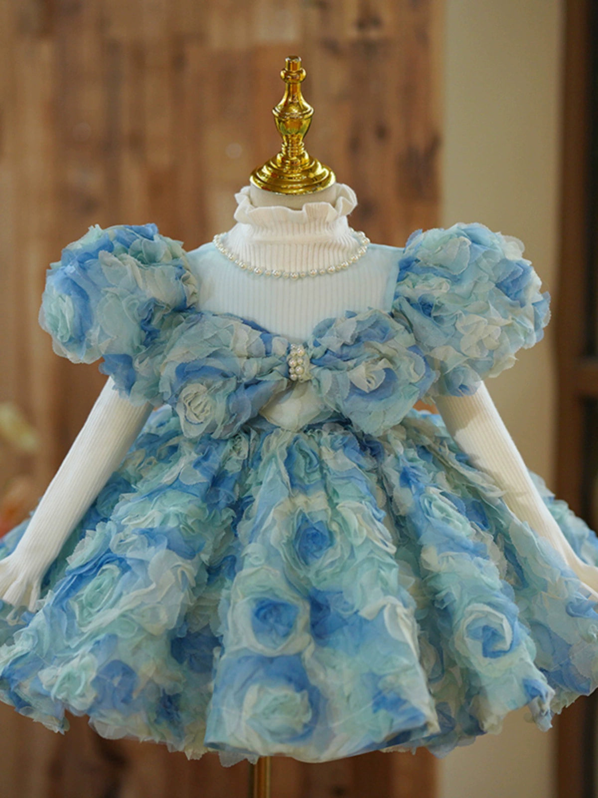 Princess Blue Lace Back Zip Baptism Lace Tea Length Short Sleeve Puff Sleeve Jewel Neck Flower Girl Dress