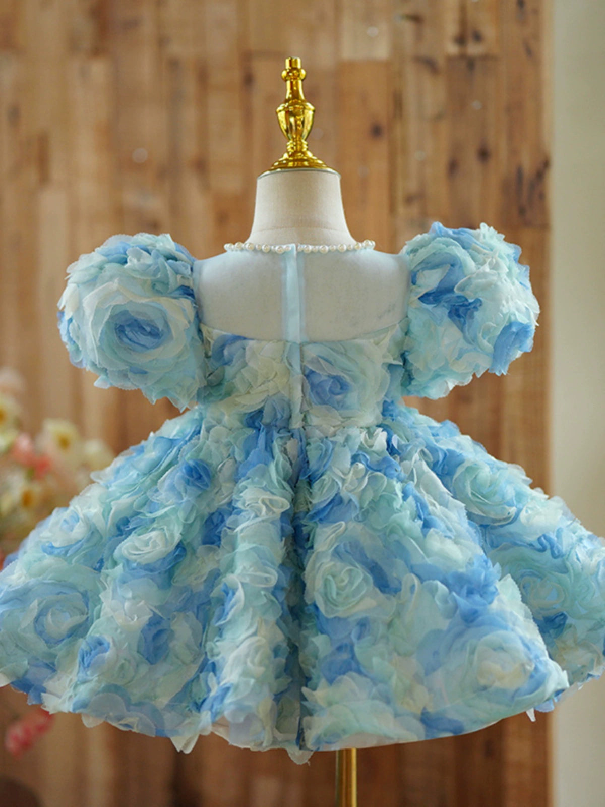 Princess Blue Lace Back Zip Baptism Lace Tea Length Short Sleeve Puff Sleeve Jewel Neck Flower Girl Dress