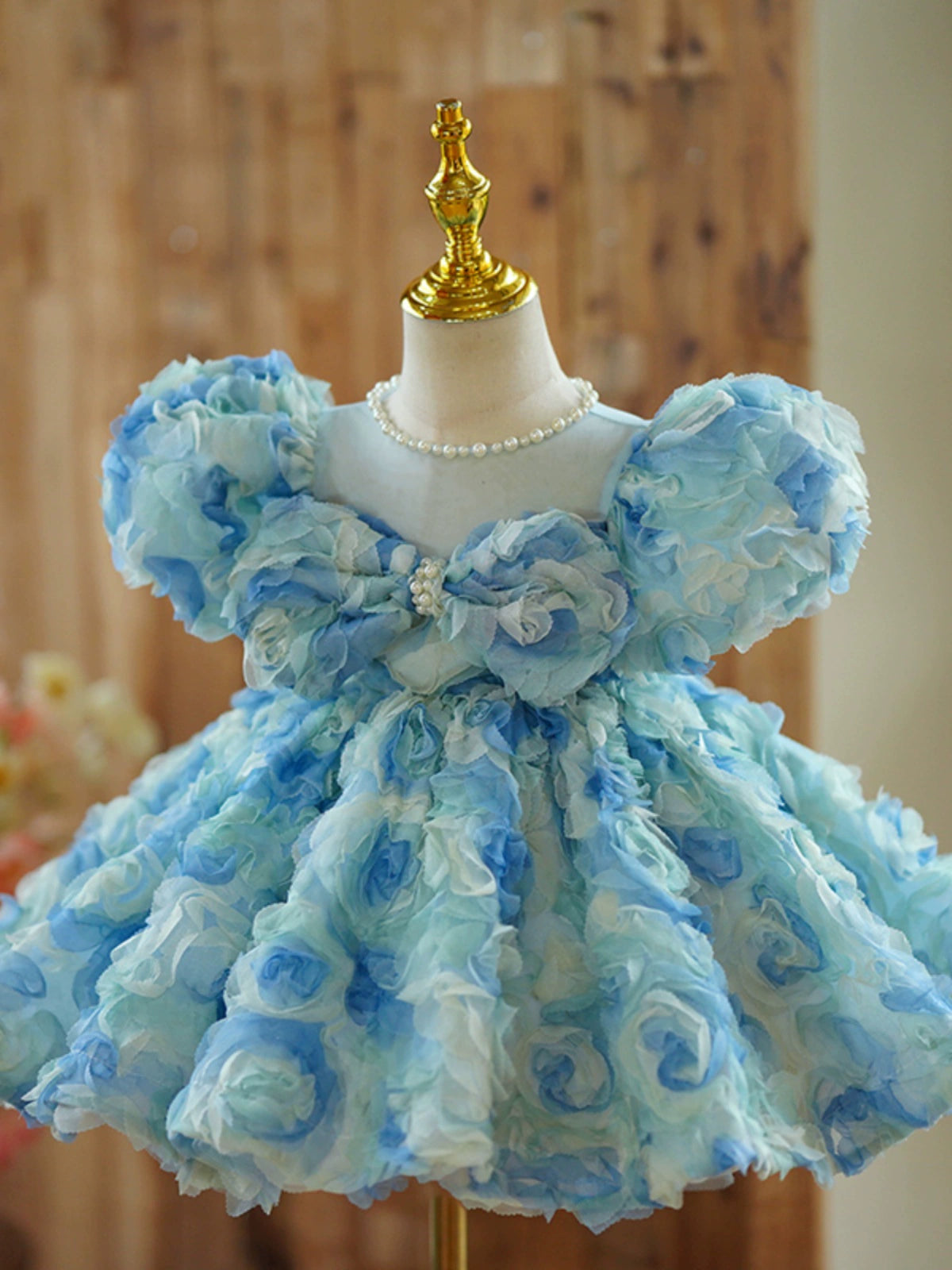 Princess Blue Lace Back Zip Baptism Lace Tea Length Short Sleeve Puff Sleeve Jewel Neck Flower Girl Dress