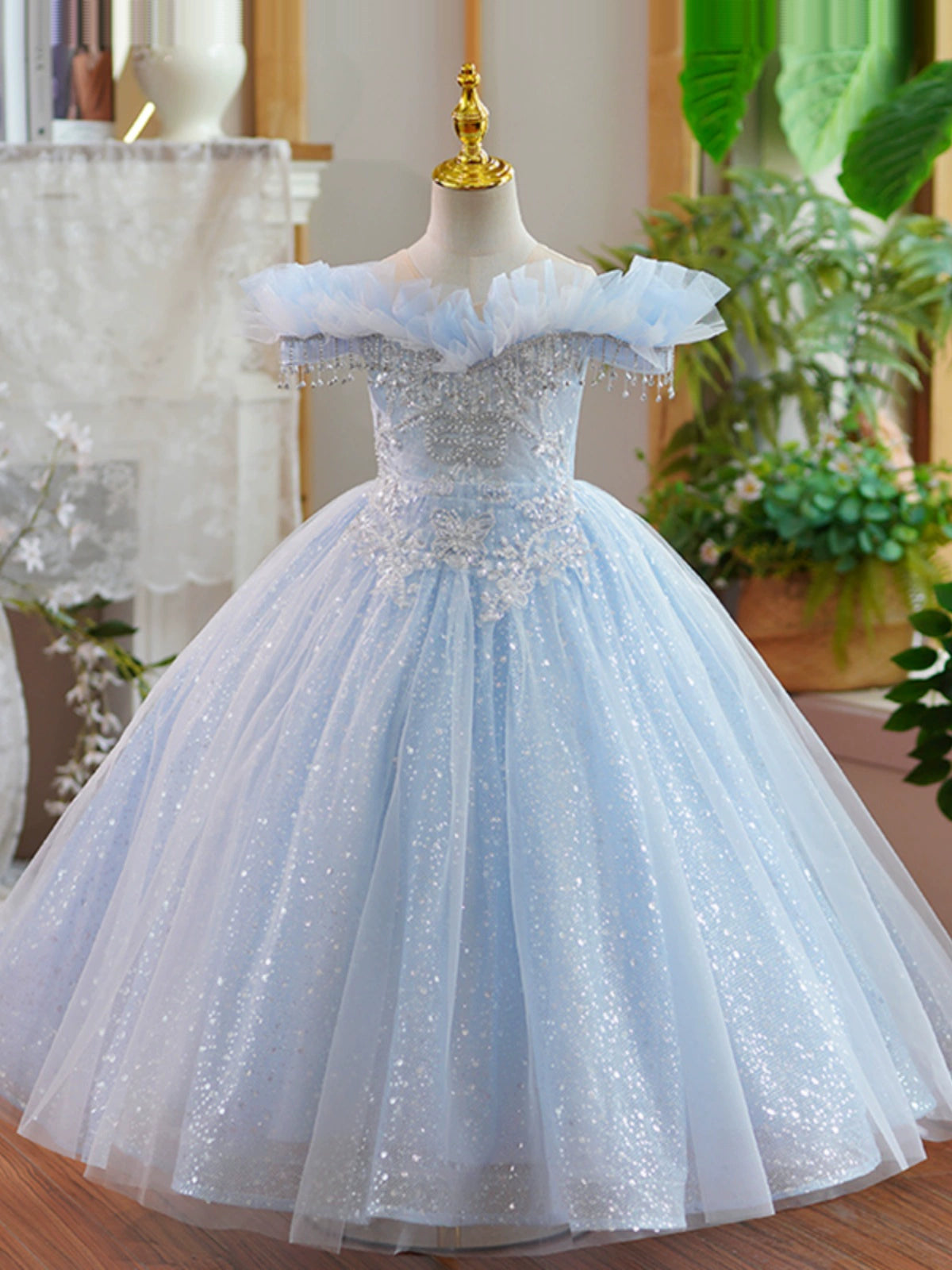 Princess Blue Organza Crossed Straps Baptism Lace Floor Length Short Sleeve Cap Sleeve Round Flower Girl Dress