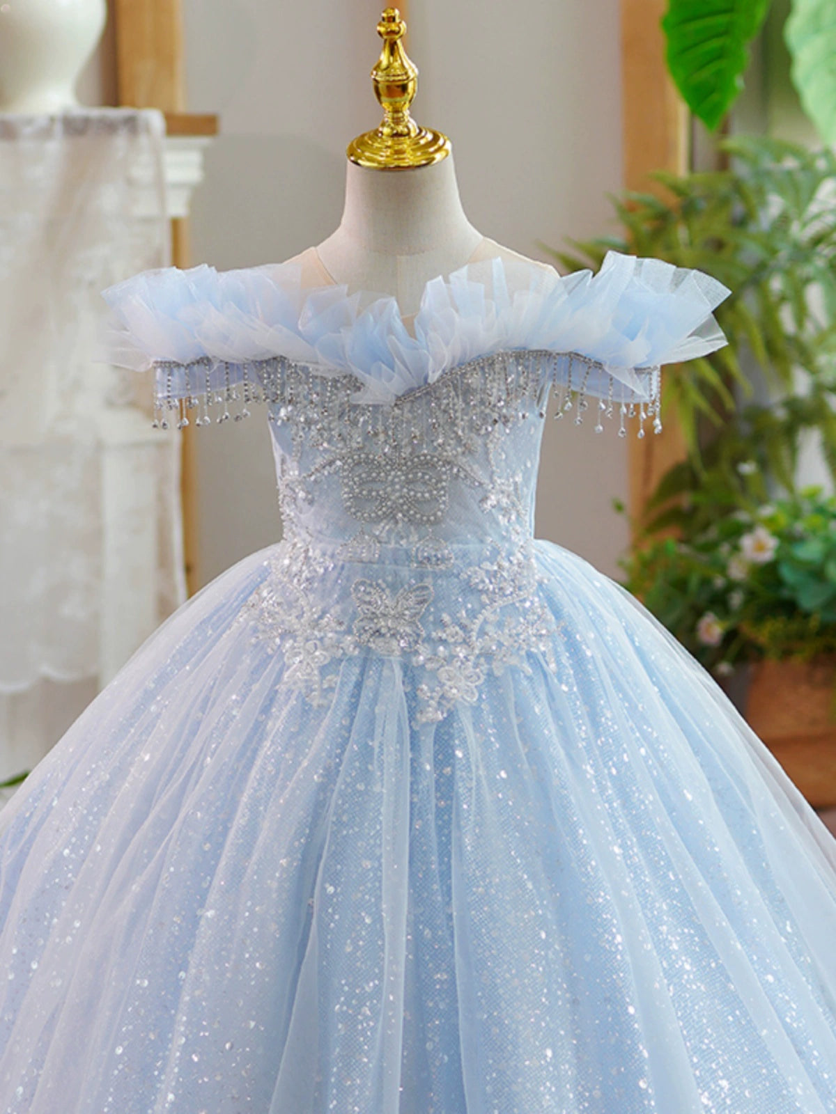 Princess Blue Organza Crossed Straps Baptism Lace Floor Length Short Sleeve Cap Sleeve Round Flower Girl Dress