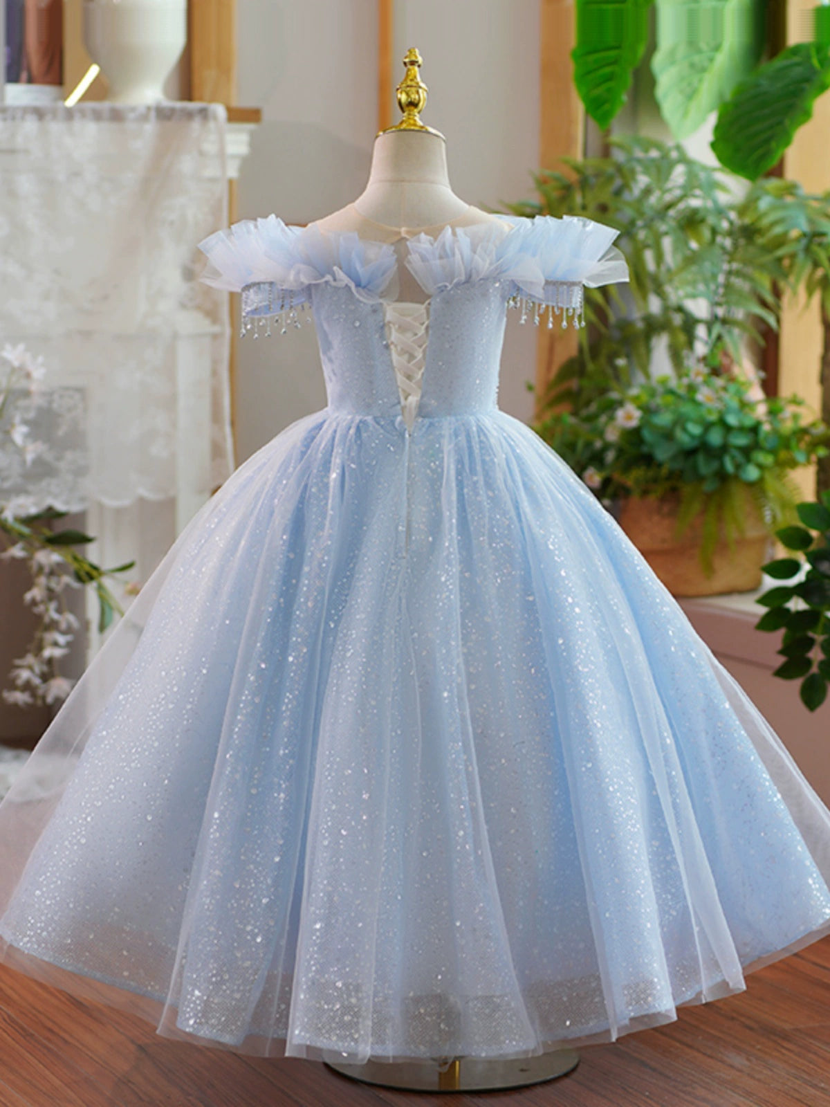 Princess Blue Organza Crossed Straps Baptism Lace Floor Length Short Sleeve Cap Sleeve Round Flower Girl Dress