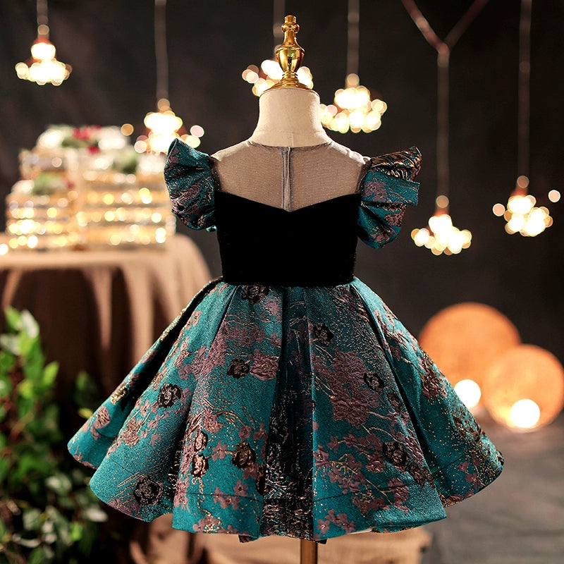 Princess Blue Satin Back Zip Baptism Short Sleeve Flutter Sleeve Round Flower Girl Dress
