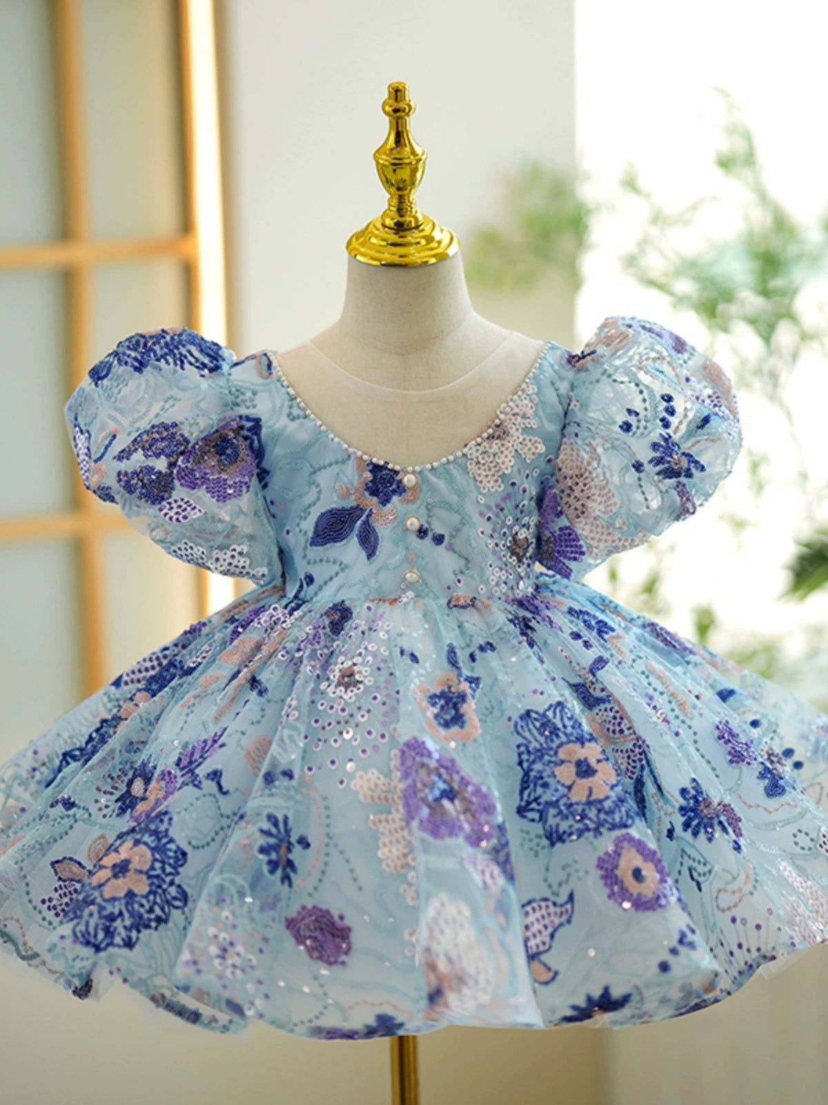 Princess Blue Sequined Back Zip Baptism Flower(s) Tea Length Short Sleeve Puff Sleeve Scoop Flower Girl Dress