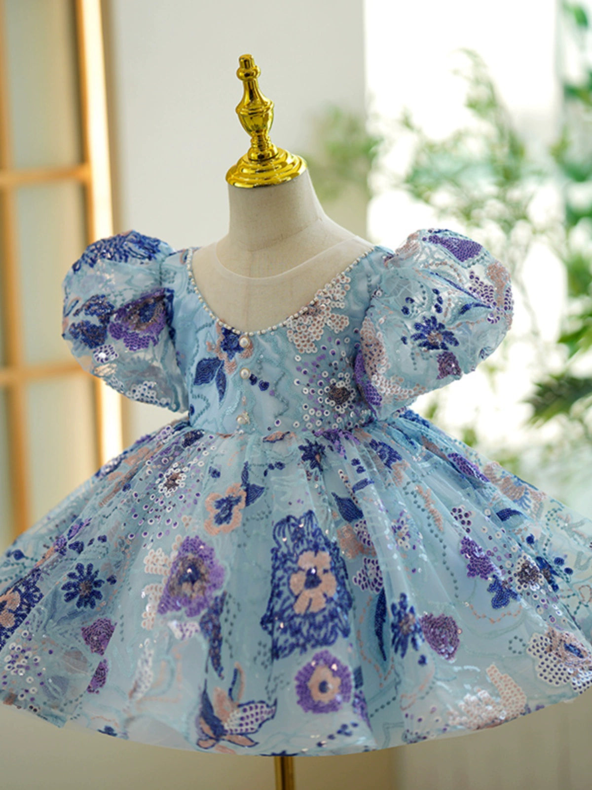Princess Blue Sequined Back Zip Baptism Flower(s) Tea Length Short Sleeve Puff Sleeve Scoop Flower Girl Dress